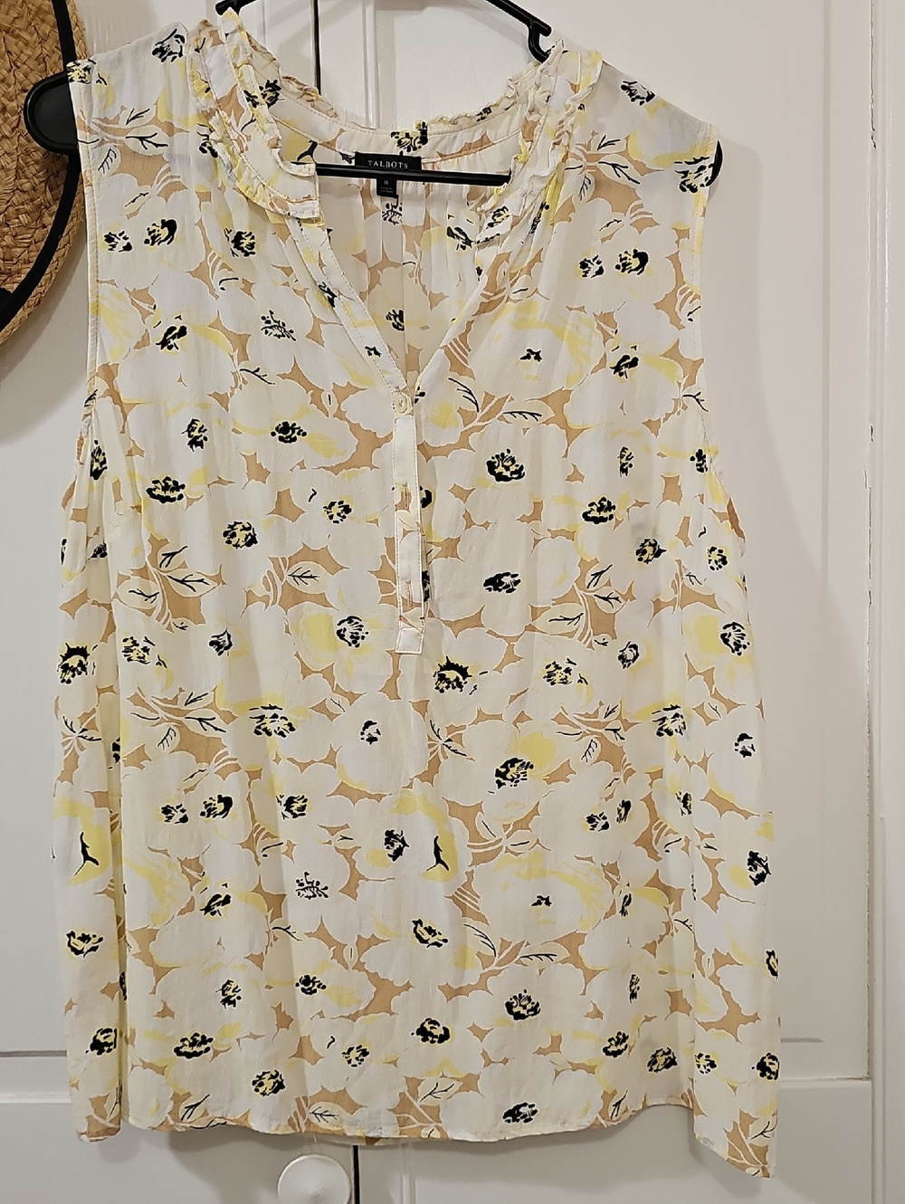 Talbots Cream Floral Ruffle-Trim Sleeveless V-Neck Blouse